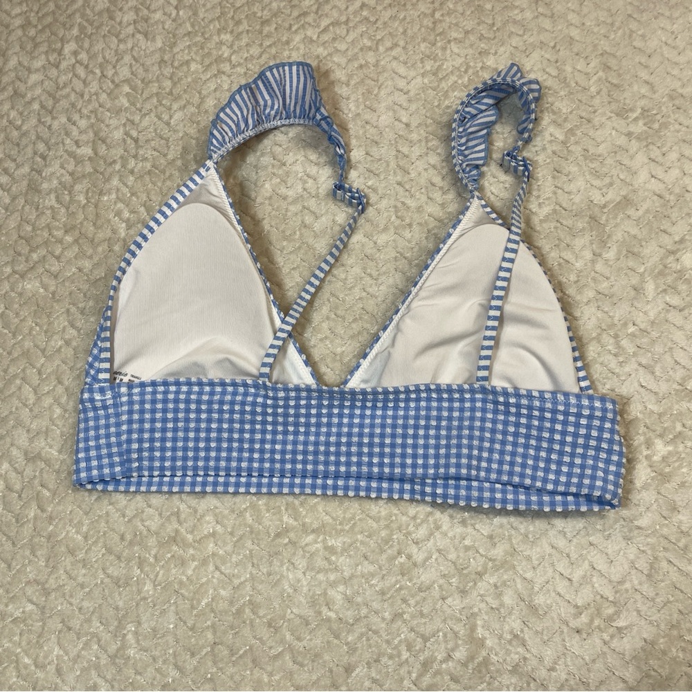Aerie Pale Blue Gingham Triangle Bikini Top Ruffle Sleeves Women Size Medium - Picture 2 of 7